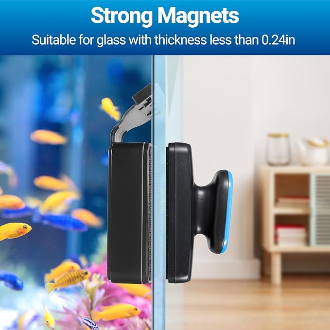 Aquarium Magnet Glass Cleaner, Magnetic Fish Tank Cleaner with Algae Scraper, Double Sided Cleaning Scrubber Brush with Handle, Titanium Blade, Self-Floating, Fit Max 1/4" Thick Glass, Medium