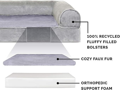 Furhaven Orthopedic Dog Bed for Large Dogs w/ Removable Bolsters & Washable Cover, For Dogs Up to 125 lbs - Faux Fur & Velvet Sofa - Smoke Gray, Jumbo Plus/XXL