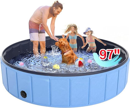 Giant Dog Pool 97"x16", Hyperzoo Foldable Dog Swimming Pool, Hard Plastic PVC Leakproof Doggie Wading Collapsible Pet Bathing Tub for Puppy Small Medium Large Dogs and Kids, Blue