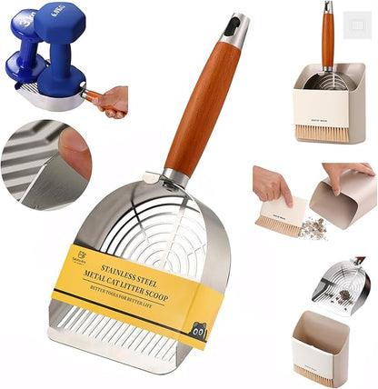 Extra-Thick Stainless Steel Cat Litter Scoop Heavy Duty Metal Litter Scooper with Holder Easy Remove Stuck Litter