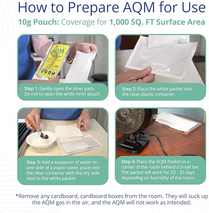 AQM by OdorXit, Air Quality Manager Chlorine Dioxide Odor Removal Packet, Dog Odor Eliminators for Home, Wet Dog Smell & Car Deodorizer, Strong Smell Neutralizer, 10g