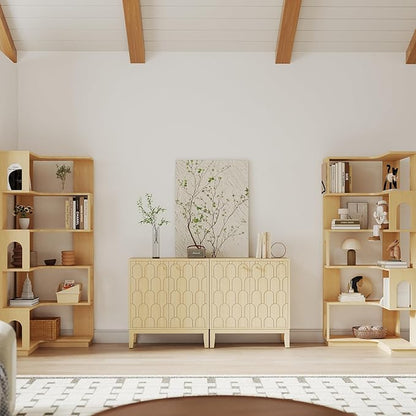 Farmhouse Storage Cabinet, Modern Buffet Sideboard with Doors, Fish Scale Pattern, Boho Cabinet for Dining Room, Natural, 2 Pieces