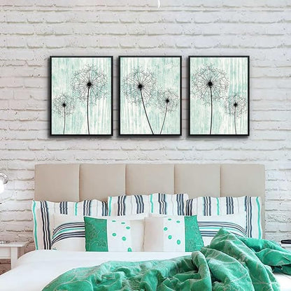 AHUASJART Black Framed Wall Art for Living Room Wall decor for Bedroom Room Decor light green background Pictures Dandelion Paintings posters kitchen Home Decorations 3 Piece Framed Prints Artworks