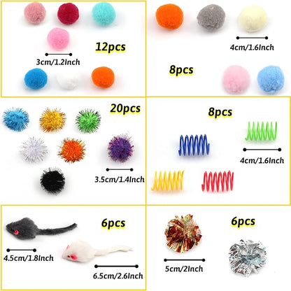 60 Pack Cat Toys - Assorted Kitten, Mouse, Crinkle & Pom Pom Balls