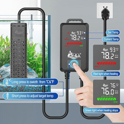 AQQA Aquarium Heater 500W for 55-130 Gallon Fish Tank Heater Quartz Glass Submersible Betta Fish Heater for Aquarium Thermostat Heater with External Digital Controller (AQ136-500W for 55-130Gal)