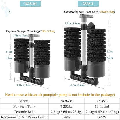 Air Powered Aquarium Sponge Filter with Biochemical Sponge and Ceramic Balls, Quiet Submersible Fish Tank Filter for 8-20Gallon (M-6.7in)