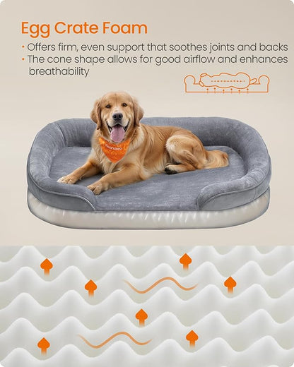 Feandrea Dog Bed, Large Orthopaedic Dog Sofa Bed, 42 x 30 x 7 Inches, Egg Crate Foam, Waterproof Liner, Raised Edges, Removable and Machine Washable Cover, Non-Slip, Light Gray UPGW283G01