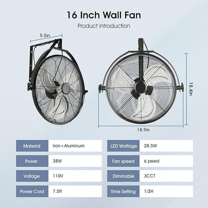 16 inch Wall Mount Fan with Lights and Remote,6-Speed Gazebo Ceiling Fan Adjustable Tilt Dimmable Wall Fan,High Velocity Industrial Outdoor Fans for Patio,Garage,Commercial,Black