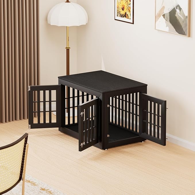 38" Heavy Duty Dog Crate Furniture for Small,Medium and Large Dogs,Rustic Wooden Dog Cage Kennel Indoor Furniture with Waterproof Top,Decorative Pet House Side End Table (Black)