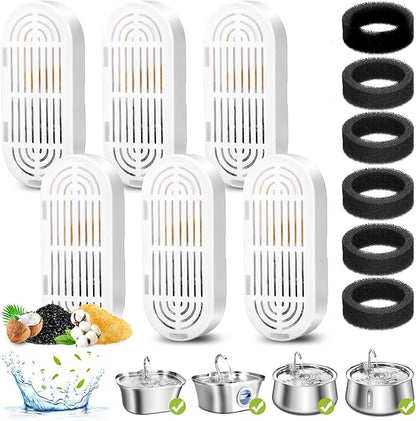 6 Pack Replacement Cat Fountain Filters & Replacement Sponges for Stainless Steel Pet Fountain with Water Level Window, Fountain Carbon Filters for Dog Water Dispenser Bowl