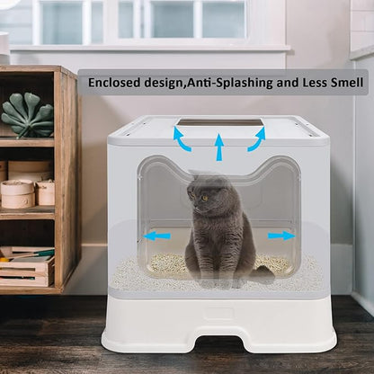 Foldable Cat Litter Box with Lid, Enclosed Potty, Large Top Entry Anti-Splashing Toilet, Easy to Clean Including Litter Scoop and 2-in-1 Cleaning Brush (Grey)