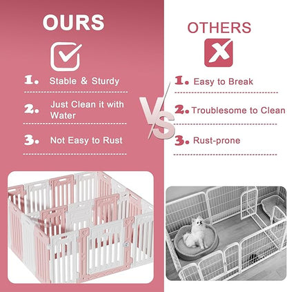2 Room Dog Playpen with Door,DIY Shape Combination Puppy Pen,16-Panel+2 Link Piece+Large Door+Small Door,25.5" H Dog Fence,Non-Slip&Secure Pet Gate,Easy to Assemble,Pink + White