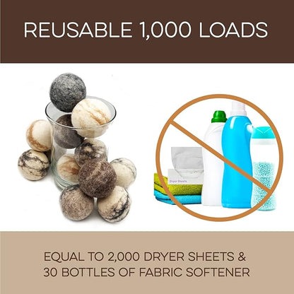 Fluff Ewes Wool Dryer Balls 6 Pack Premium New Zealand Wool Laundry Balls for Dryer, No Static Dryer Balls Laundry Reusable Cute, XL Wool Dryer Balls Cute, Baby Dryer Balls for Dryers - Marble