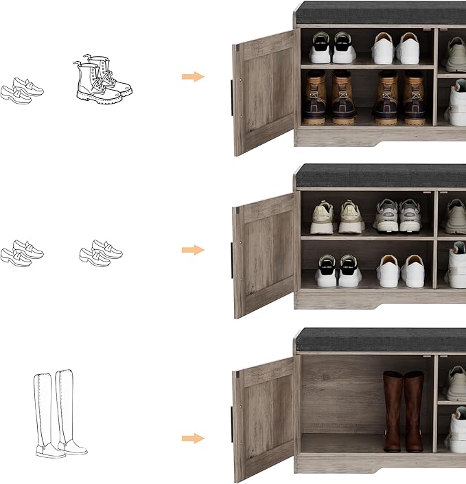 2-Tier Storage Bench, Shoe Bench with Thickened Padded Seat Cushion, Entryway Bench with 2 Doors, Adjustable Shelf, 13.8" D x 37.4" W x 18.5" H, for Entryway, Living Room, Bedroom, Greige