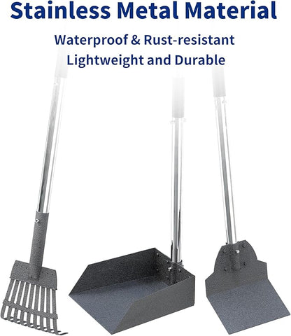 Dog Pooper Scooper Set, Stainless Metal Tray Rake Spade 3 Pack, Long Handle Pet Waste Scooper for Large Medium Small Dogs, Heavy Duty Poop Scooper for Yard, Grass, Dirt or Gravel