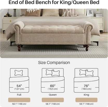 58.1'' Storage Bench Upholstered Chenille End of Bedroom Bed Bench Ottoman with Tufted Cushioned Rolled Arm Large Storage Space for Reading Living Room Entryway, Light Brown