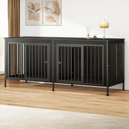 78 Inch Dog Cage Furniture for 2 Large/Medium Dogs with Removable Divider, Extra Large Double Doors Dog Kennel, XXL Thick Wooden Dog cage Furniture, Durable and Sturdy, Dark Grey
