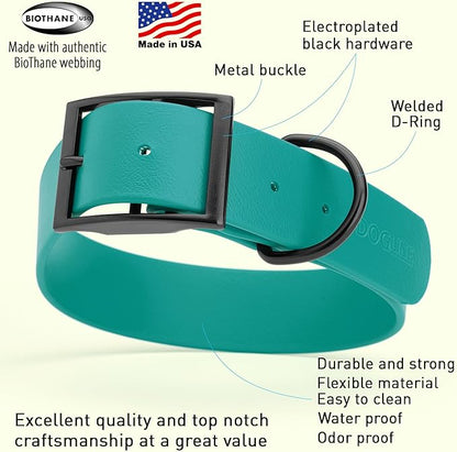 Dogline Biothane Waterproof Dog Collar Strong Coated Nylon Webbing with Black Hardware Odor- Proof for Easy Care Easy to Clean High Performance Fits Small Medium or Large Dogs, Blue Aqua