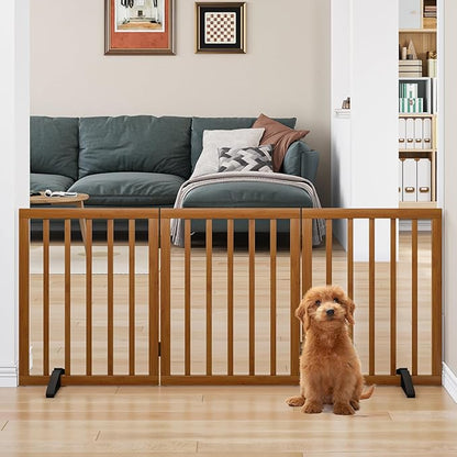 Freestanding Pet Gate Foldable Dog Gate (55 inches Wide) Walnut Bamboo Dog Gates for Stairs Doorways House (2 Support Feet Included)