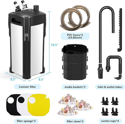 AQQA 581GPH Canister Filter, Ultra-Quiet External Aquarium Canister Filters, 3 Stage Filtration Aquarium Filter with Quartz Balls and Filter Cotton for Fish Tanks and Aquariums Up to 150 Gallon 35W