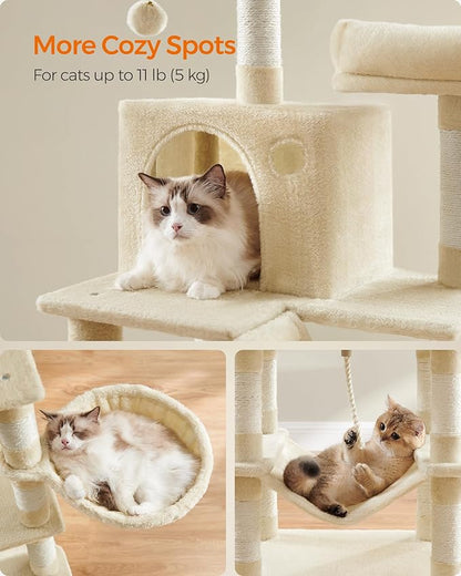 Feandrea Cat Tree, 66.1-Inch Large Cat Tower with 13 Scratching Posts, 2 Perches, 2 Caves, Basket, Hammock, Pompoms, Multi-Level Plush Cat Condo for Indoor Cats, Beige UPCT165M01