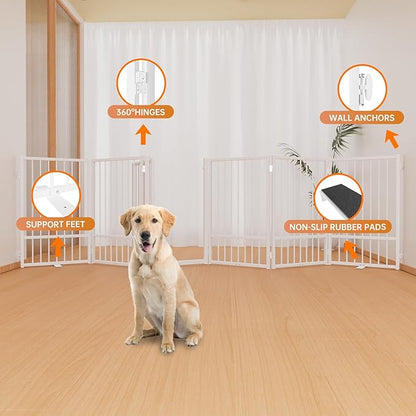 Full Metal Freestanding Dog Gate with Door, 32''Height Foldable Pet Dog Fence for Indoor & Outdoor, 6 Panels Extra Wide Free Standing TallDog Gates for Doorways,House,Stairs,Porch,Deck,Yard