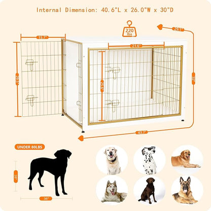 DWANTON Dog Crate Furniture with Cushion, Wooden Kennel Table with Double Doors, Indoor Dog House, Extra Large Size, 43.3" L, White+Gold