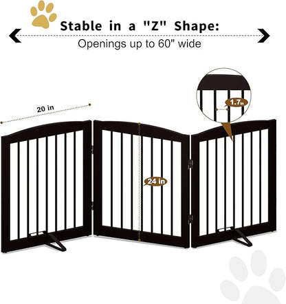 Freestanding Pet Gate for Dogs, Foldable Wooden Dog Gate for House, Indoor Dog Gate for Doorways, Stairs, Gates for Dogs Indoor, Support Feet Included, 24" Height 3 Panels, Brown