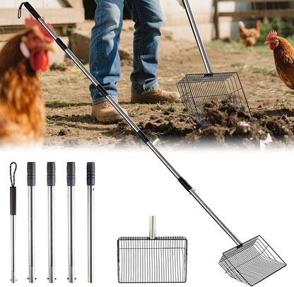 10 inch Large Chicken Poop Scooper,4 in1 Chicken Coop Poop Shovel,Adjustable 32" to 67" Stainless Steel Chicken Coop Scoop,Litter Sifting Shovel Poop Scooper for Chicken Coop Pet Waste
