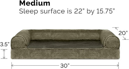 FurHaven Soft, Orthopedic Foam Sofa Dog Bed with Washable & Removable Cover - Faux Fur/Velvet - Dark Sage, Dogs Up to 35 lbs - Medium