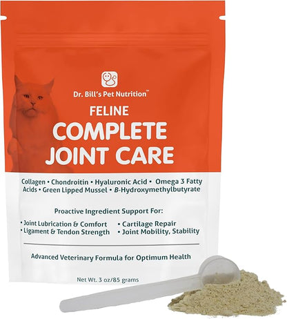 Dr. Bill’s Feline Complete Joint Care | Advanced Hip & Joint Supplement for Cats | Green Lipped Mussel Extract, Collagen Type II, Chondroitin, Hyaluronic Acid, Omega 3 and Colostrum | Powder, 85g