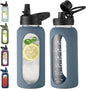 32 oz Glass Water Bottle with Straw and Handle, Sports Motivational Water Flask with Silicone Sleeve, Large Leakproof Water Flask Cup with Time Marker for Travel, Gym, Dark Blue