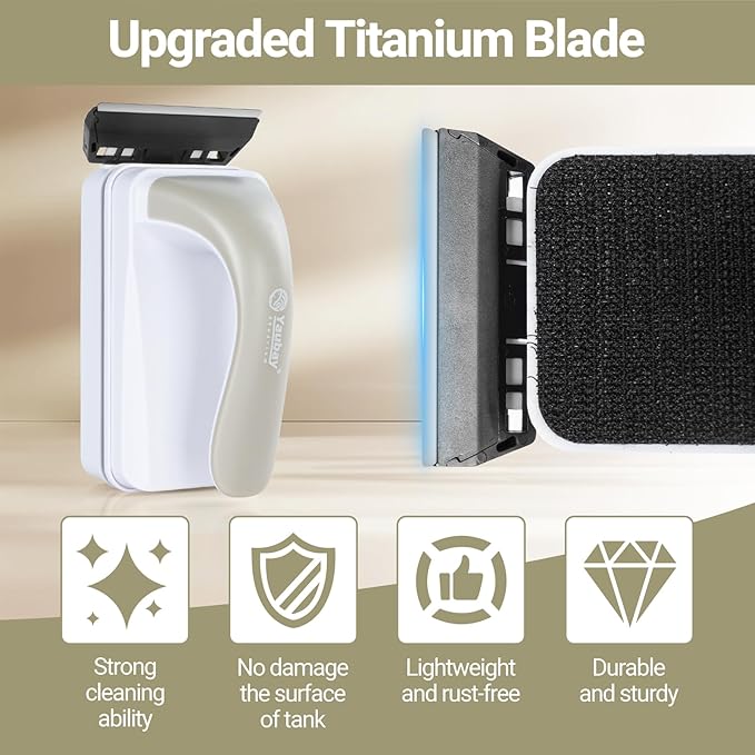 Aquarium Magnet Glass Cleaner, Magnetic Fish Tank Cleaner with Algae Scraper, Double Sided Cleaning Scrubber Brush with Handle, Titanium Blade, Self-Floating, Fit 1/4"-1/2" Thick Glass, Large