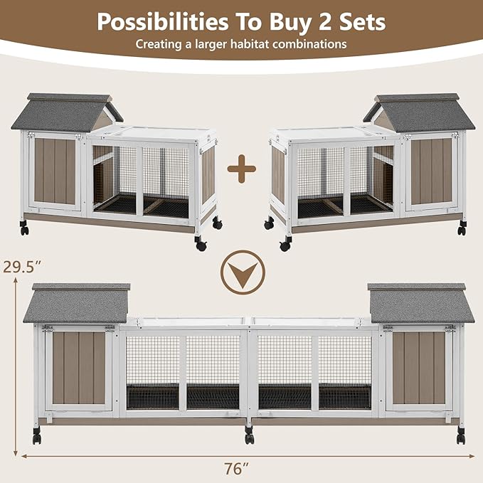 38''L Rabbit Hutch Outdoor Indoor with Wheels, Wooden Expandable 2 Story Bunny House Rabbit Cage with Run, Waterproof Roof, Pull Out Tray, Guinea Pig Cage Chicken Coop for Small to Medium Pets