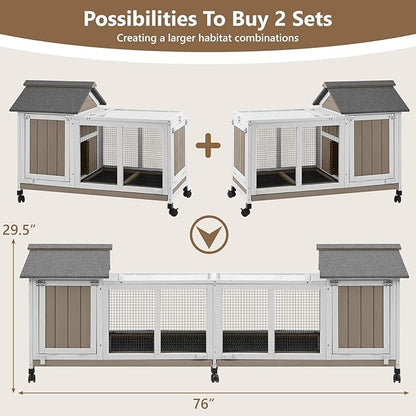 38''L Rabbit Hutch Outdoor Indoor with Wheels, Wooden Expandable 2 Story Bunny House Rabbit Cage with Run, Waterproof Roof, Pull Out Tray, Guinea Pig Cage Chicken Coop for Small to Medium Pets