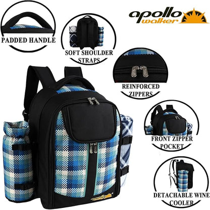 apollo walker Picnic Backpack Bag for 2 Person with Cooler Compartment, Detachable Bottle/Wine Holder, Fleece Blanket, Plates and Cutlery Set