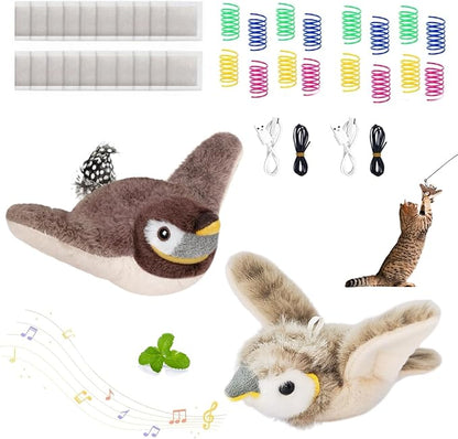 2 PCS Cat Toys, Flapping Bird Cat Toy(No Flying), Interactive Catnip Toy with Catnip Bags, Chirping Noise Moving Wings Dog Cat Kitten Toys, Flappy Flying Pets Toy for Indoor(Brown&Gray Sparrow)