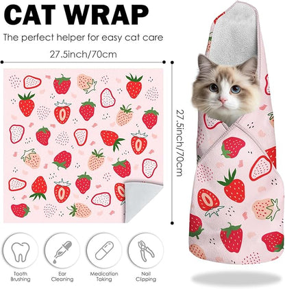 27.6" Cat Grooming Wrap, Self Adhesive Cat Wrap for Cutting Nails, Anti-Escape Calming Cat Swaddle Wrap for Medicine Ear Cleaning, Strawberry Anti-Scratch Cats Burrito Restraint Blanket, Pet Tool