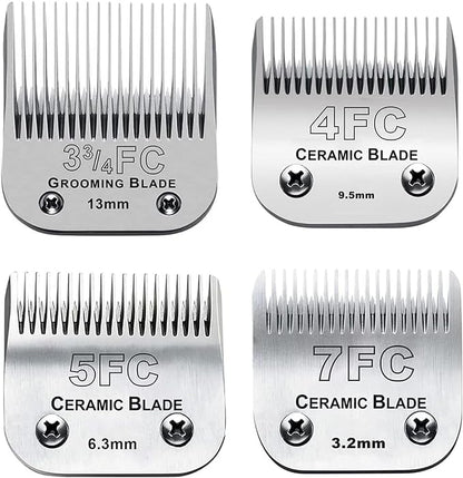 4pcs Dog Grooming Blades Compatible with Andis Dog Clippers,Detachable Ceramic Blade & Stainless Steel Blade (3FC+4FC+5FC+7FC)