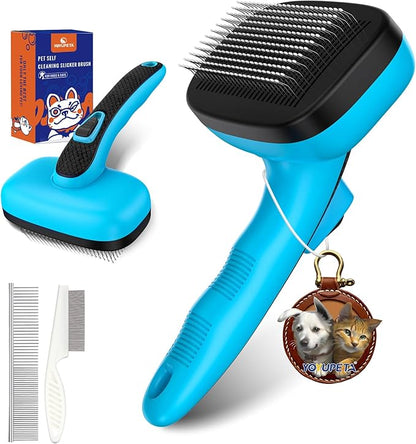 3 PCS Dog Grooming Brush Kit – Self Cleaning Slicker Brush for Shedding Short & Long Haired Dogs & Cats. Removes Loose Fur, Undercoat, Mats, Tangles for Small, Medium & Large Pets. Blue