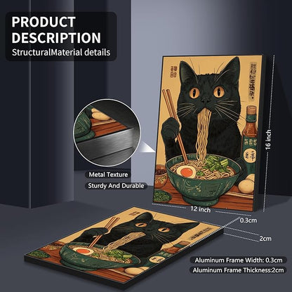 Japanese Cat Canvas Wall Art Funny Black Cat Posters Vintage Cute Cat Eating Ramen Noodles Print Kawaii Animal Food Kitchen Art Painting For Dining Living Room Bedroom Decor 12x16in Black Framed