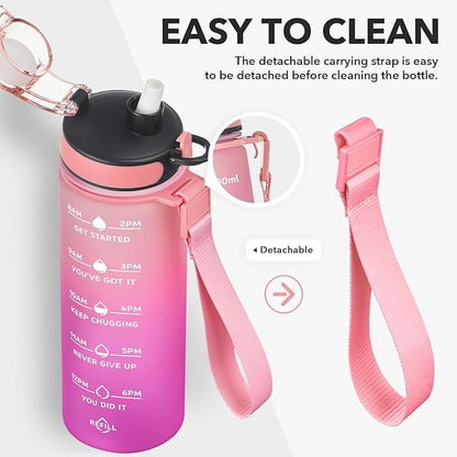 Enerbone Water Bottle, Leakproof BPA & Toxic Free, Motivational Water Bottle with Times to Drink and Straw, Fitness Sports Water Bottle with Strap for Office, Gym, Outdoor Sports