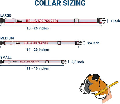 GoTags Reflective Personalized Dog Collar with Nameplate, Adjustable Dog Collar with Custom Engraved Steel Slide On Pet ID Tag, Silent, No Noise Dog Tag for Large Medium or Small (Red, Large)
