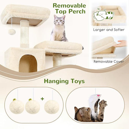 Globlazer Cat Tree Tower, 76-Inch Extra Tall Multi-Level Cat Furniture with Cozy Condos, Hammock and Perches for Adult Cats, Perfect for Climbing, Scratching, and Play, F76, Beige