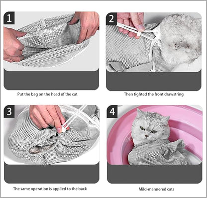8 Piece Cat Grooming Supplies ，Adjustable Multifunctional Anti-Bite Shower net Bag，Cat Claw Covers，Cat Bath Brush and Cat Nail Clipper(Grey-B)