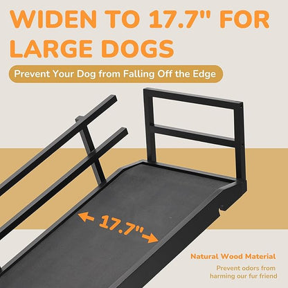 Dog Ramp for Bed, 5 Level Adjustable Dog Ramp for High Beds, Upgrade Rubber Mat High Traction Ramp with Safety Rails, Folding Pet Ramp for Bed, Couch,SUV, Natural Wood Pet Ramp for Small & Old Dogs