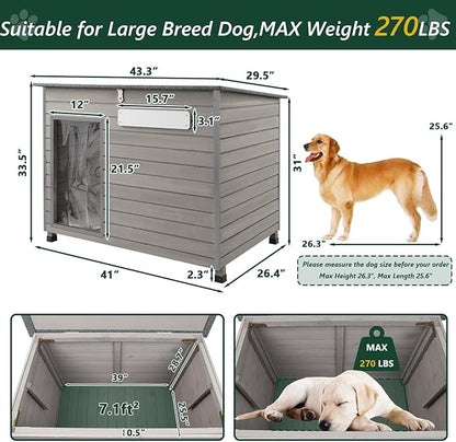 43.3" L Dog House Outdoor for Large Breeds Dogs Anti Chewing Iron Frames Dog Kennel Wooden Pet Houses for Indoor Outdoor with Weatherproof Roof,6 Elevated Feet, Reinforced Bottom Support