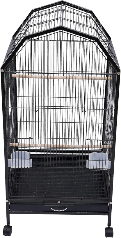 40-Inch Wrought Iron Bird Cage with Open-Top and Rolling Stand, Movable Parrot Cage Pet Bird Flight Cage, 360 Degree View Spacious Interactive Roof Pet Bird House for Medium&Small Birds