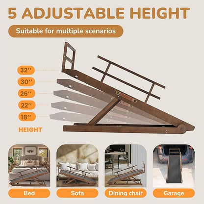 Dog Ramp for Bed, 5 Level Adjustable Dog Ramp for High Beds, Upgrade Rubber Mat High Traction Ramp with Safety Rails, Folding Pet Ramp for Bed, Couch,SUV, Natural Wood Pet Ramp for Small & Old Dogs