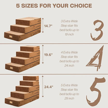 All-in-One Adjustable Dog Stairs – 5-Step Premium Pet Ramp for Small to Large Dogs – Sturdy, Non-Slip & Versatile for Beds, Sofas & More - Soft Cover, Modern Design (Brown)